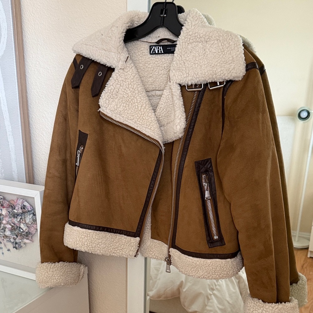 Zara Tan Teddy Jacket with Cream Accents